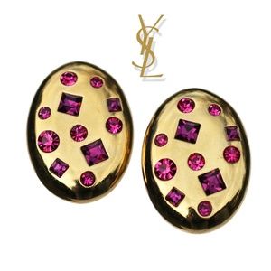 45mm Yves Saint Laurent Gold Vintage Amethyst Crystal Clip-On Earrings 1980s